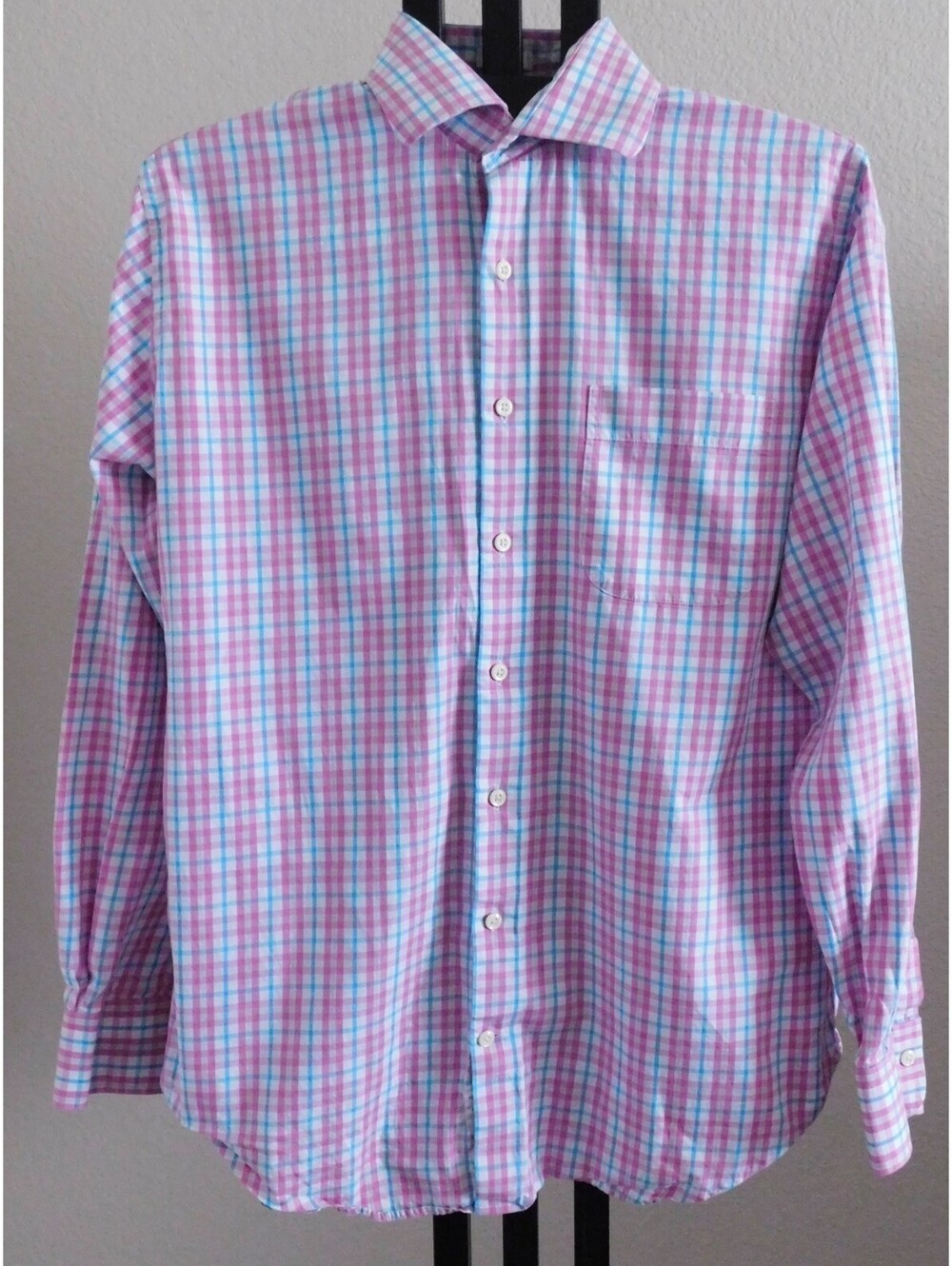 Peter Millar Men's Large Pink Blue Plaid Check Cotton Dress Shirt Spread Collar